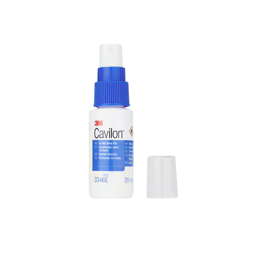 3M Cavilon - No Sting Barrier Film - Spray bottle with cap removed - Product code 3346E - 28 ml size - Provides a protective barrier on the skin.