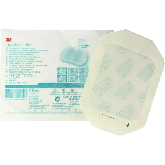 An individual 3M Tegaderm 1626W transparent dressing shown next to its paper sterile pouch, highlighting the frame-style application system.
