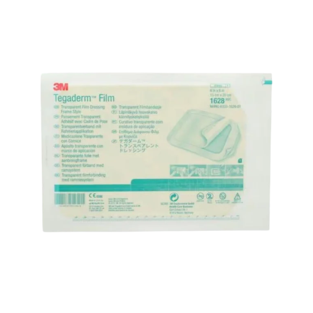 Transparent, waterproof, and breathable 3M Tegaderm 1627 film dressing, allowing for continuous site observation without removing the bandage.