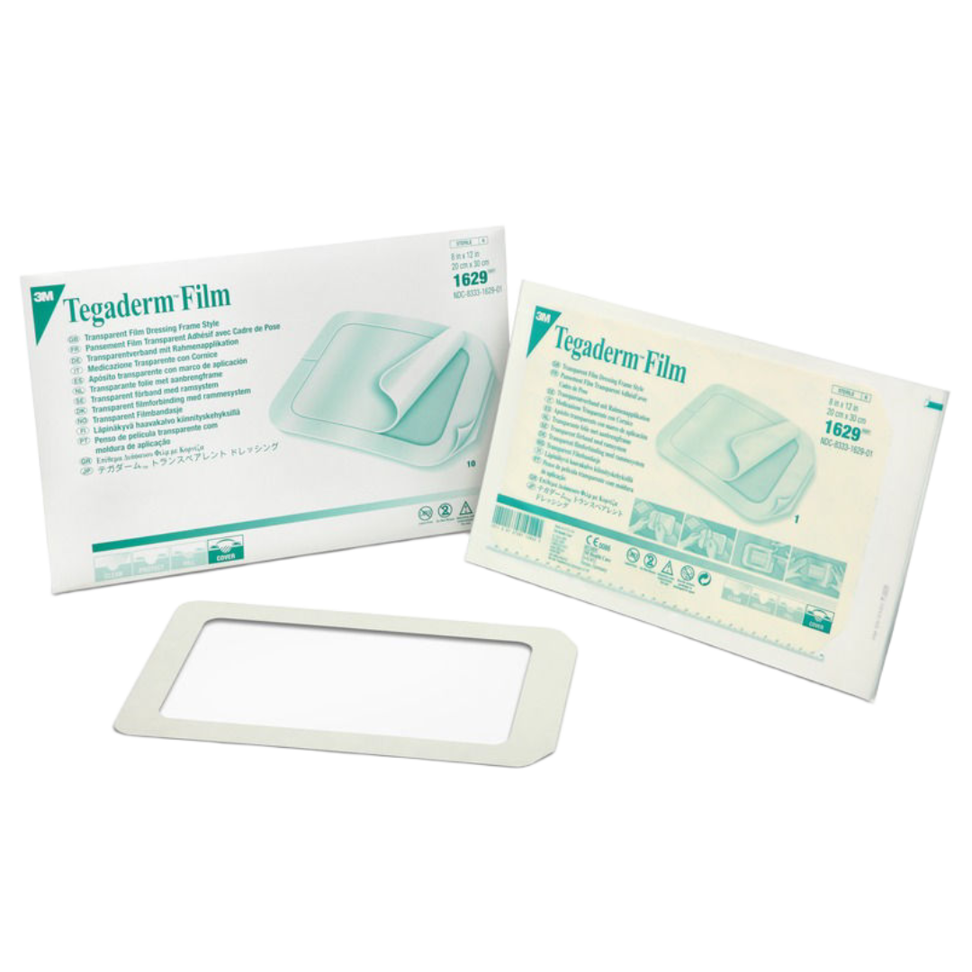3M Tegaderm 1629 IV transparent film dressing packaging and individual 20x30cm sterile bandage shown with frame-style applicator for easy wound care.