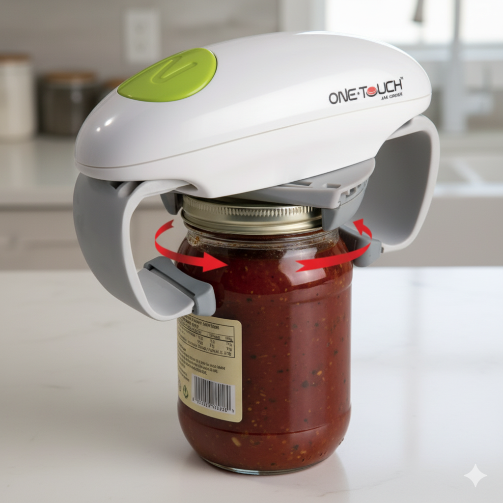 One-Touch jar opener on a jar with a kitchen background