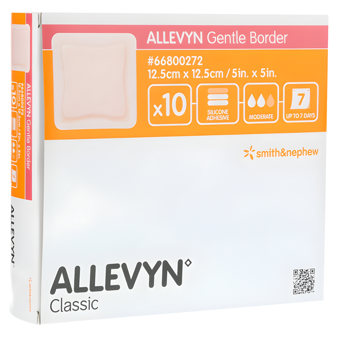 Allevyn Gentle Border Classic foam dressing in multiple sizes, gentle adhesive for secure wound care and comfort.