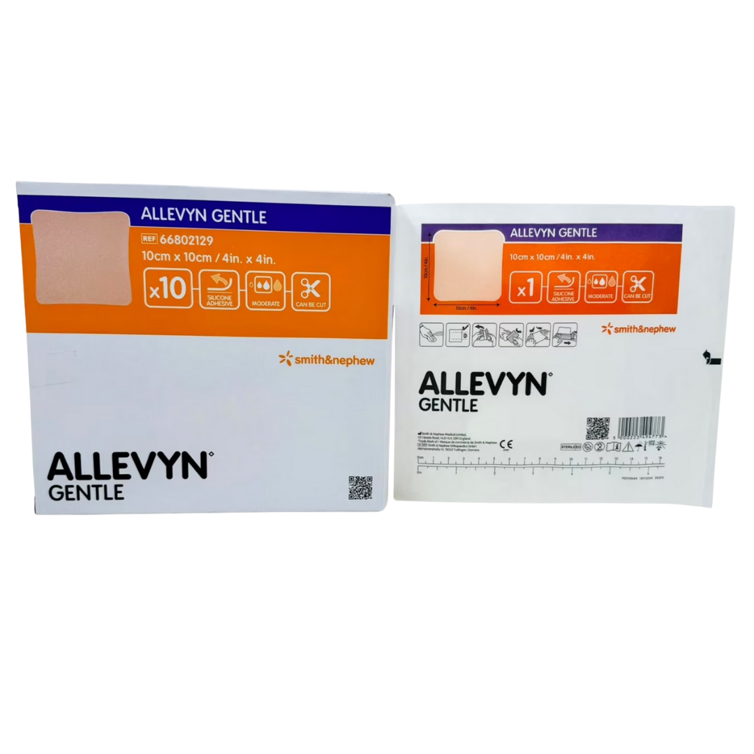 Allevyn Gentle Foam Dressing is a medical wound care product consisting of a soft, absorbent foam material designed to cover and protect wounds. The dressing has a smooth, white surface with an adhesive border around the edges to keep it securely in place. Its lightweight foam structure allows for breathability while promoting a moist wound healing environment.