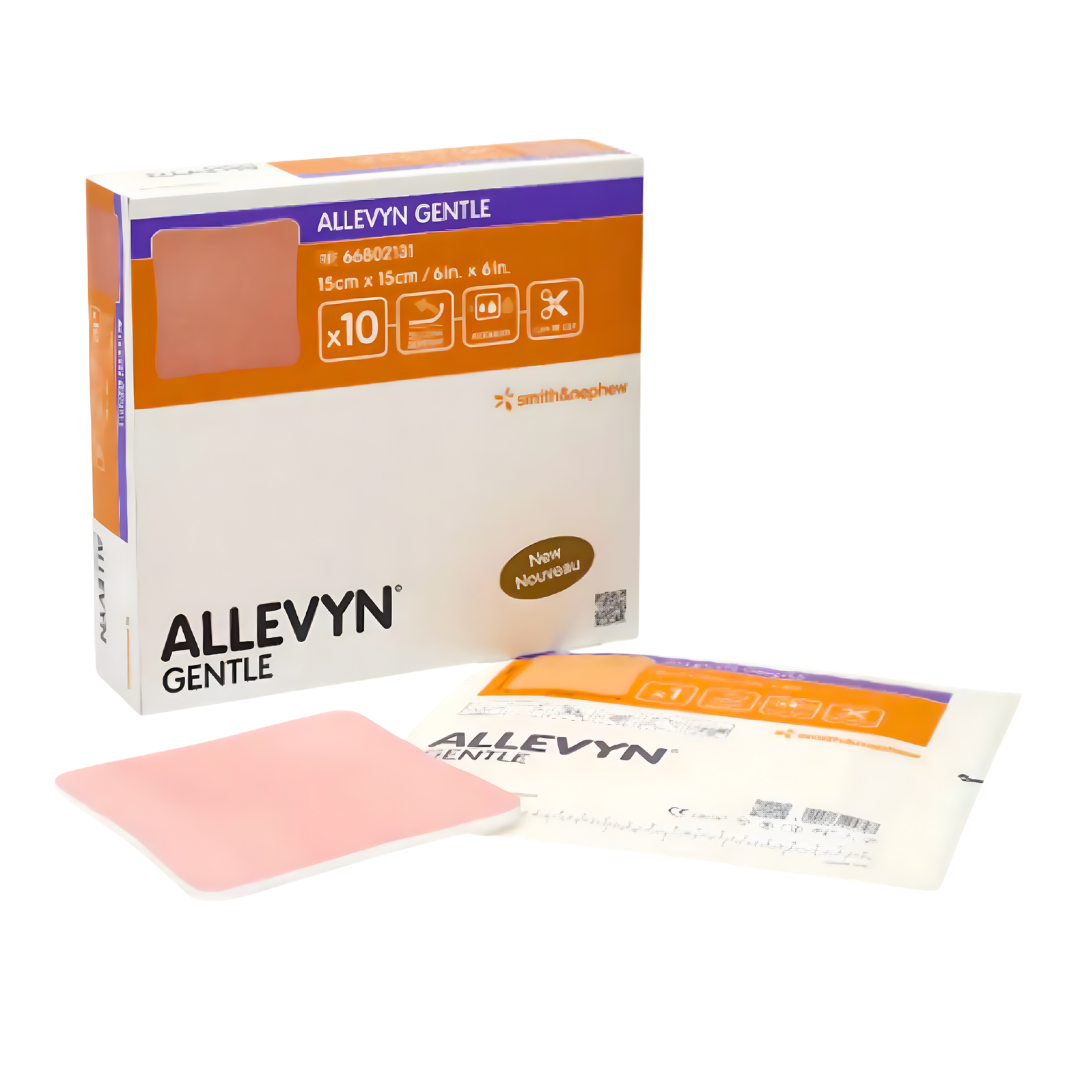 Allevyn Gentle Foam Dressing is a medical wound care product consisting of a soft, absorbent foam material designed to cover and protect wounds. The dressing has a smooth, white surface with an adhesive border around the edges to keep it securely in place. Its lightweight foam structure allows for breathability while promoting a moist wound healing environment.