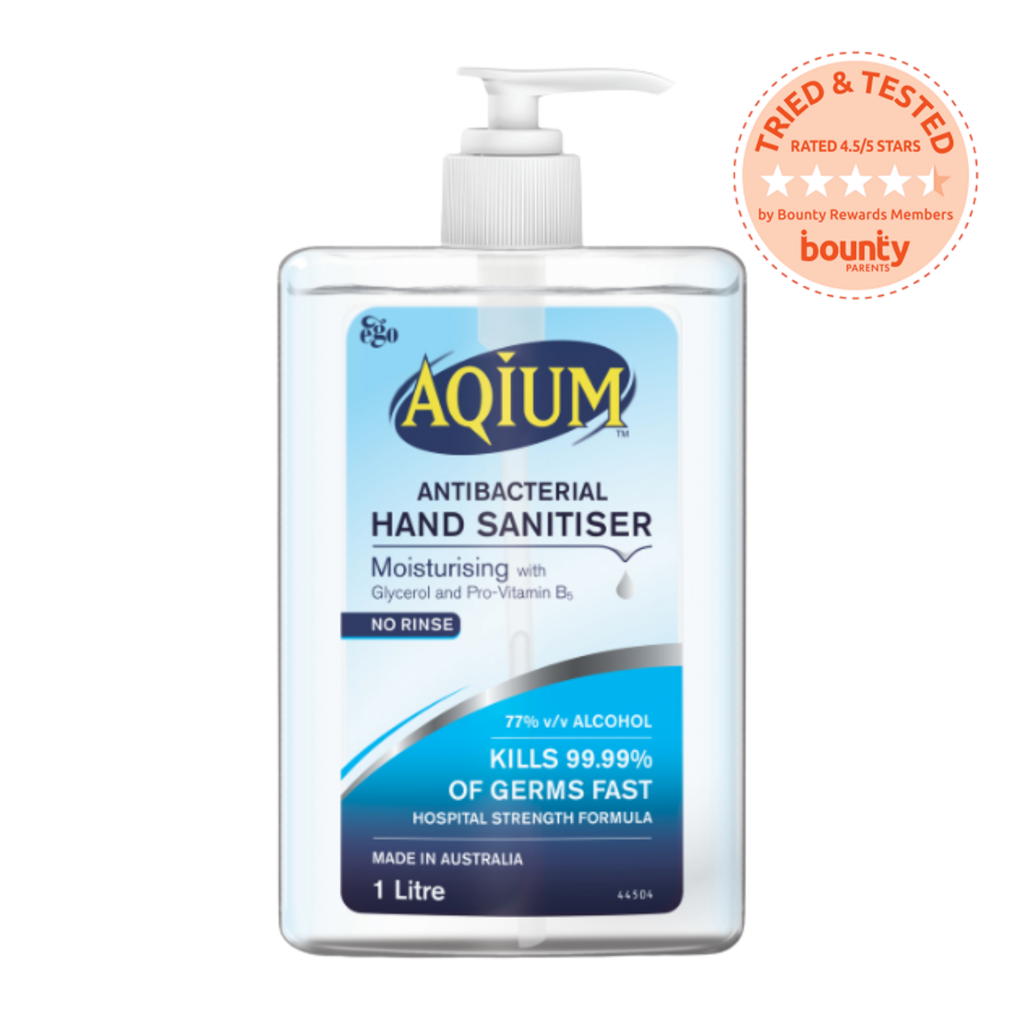 Aqium antibacterial hand sanitiser bottle with a pump on a white background