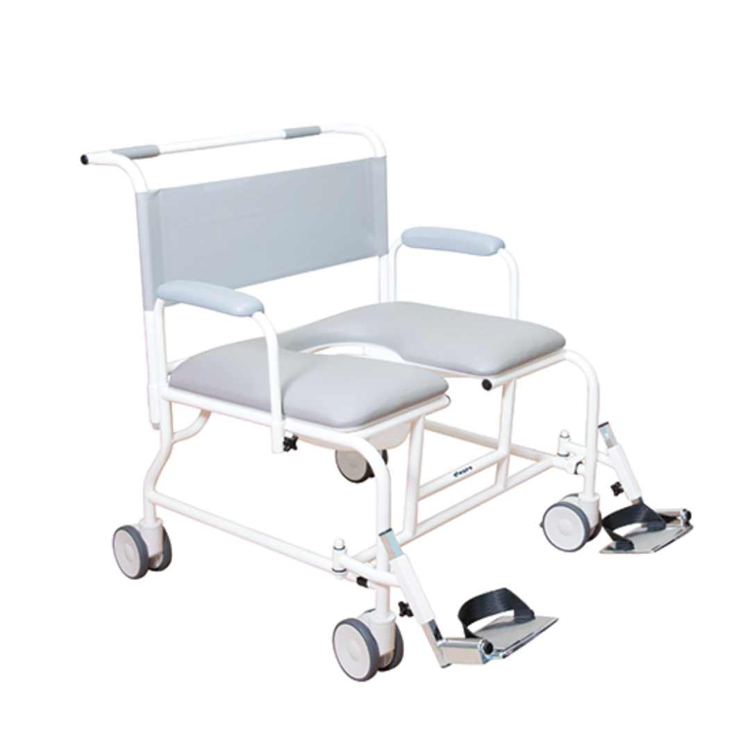 Aspire Bariatric Mobile Shower Commode with wide padded seat, stainless-steel frame, and swing-away footrests.