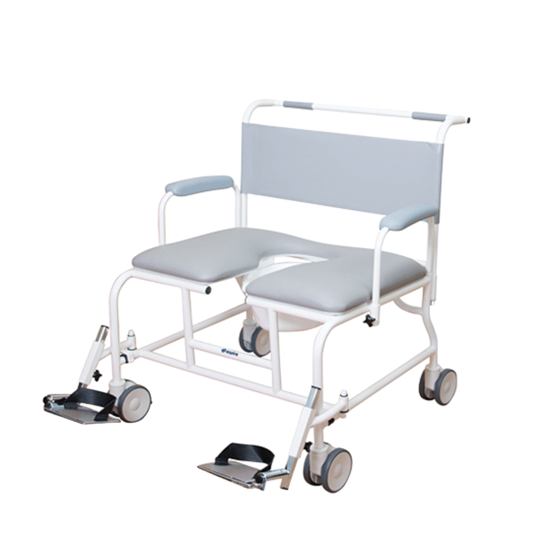Aspire Bariatric Mobile Shower Commode with wide padded seat, stainless-steel frame, and swing-away footrests.