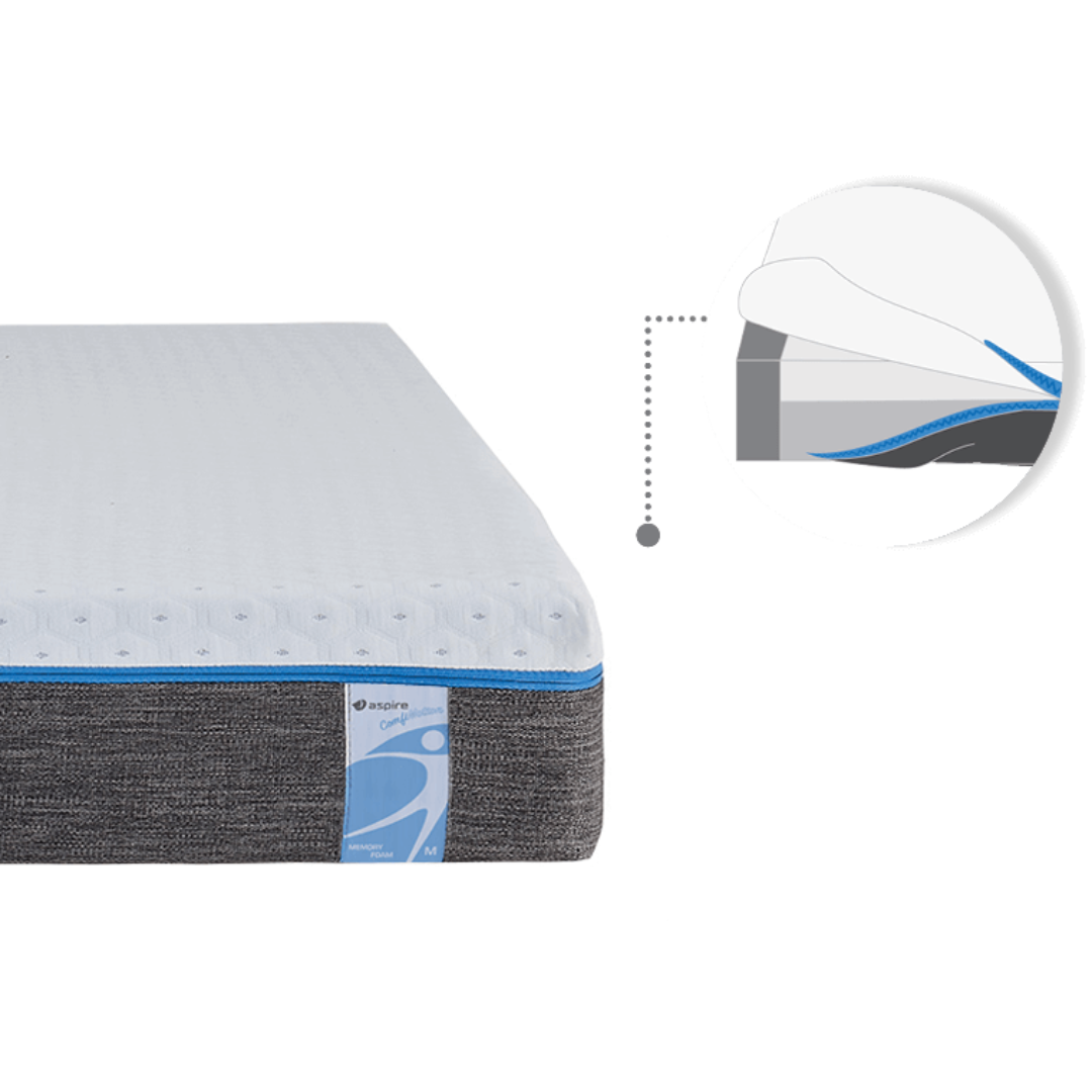 Aspire ComfiMotion Memory Foam Mattress in King Single size with Portobello Grey Sides, featuring pressure-relieving foam and breathable stretch-knit cover for comfort and support in home or aged care settings.