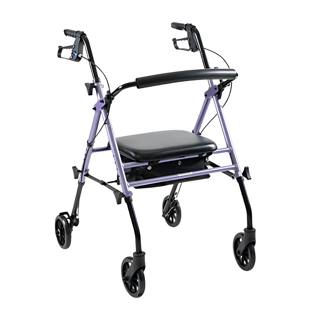Aspire Flex 6 Adjustable Seat Walker – compact rollator with 6-inch wheels, height-adjustable seat, ergonomic brakes, and under-seat storage.
