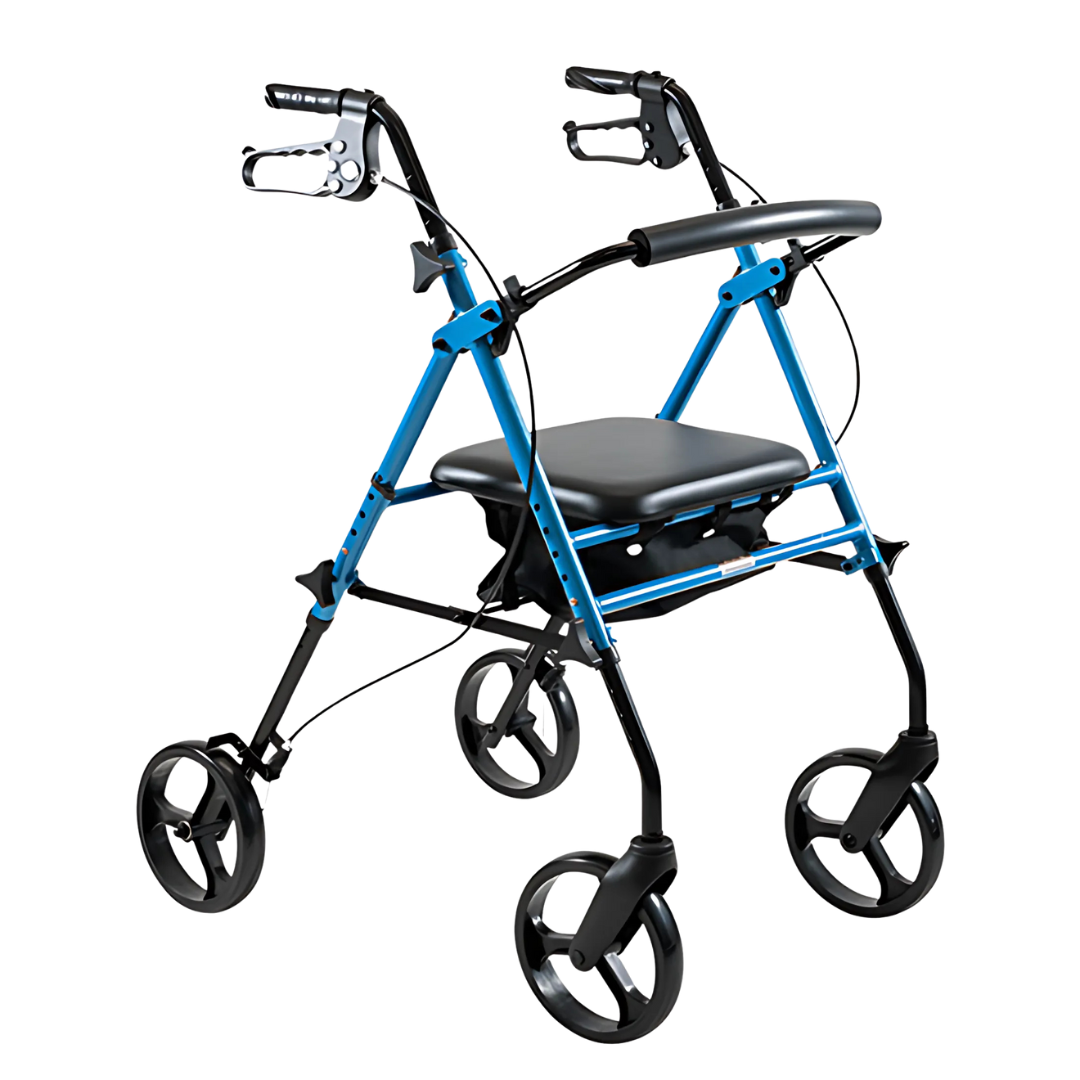 Aspire Flex Adjustable Seat Walker with 8-inch wheels, height-adjustable seat, ergonomic brakes, and under-seat storage for mobility support