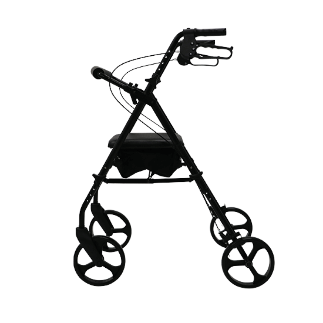 Aspire Flex Adjustable Seat Walker with 8-inch wheels, height-adjustable seat, ergonomic brakes, and under-seat storage for mobility support