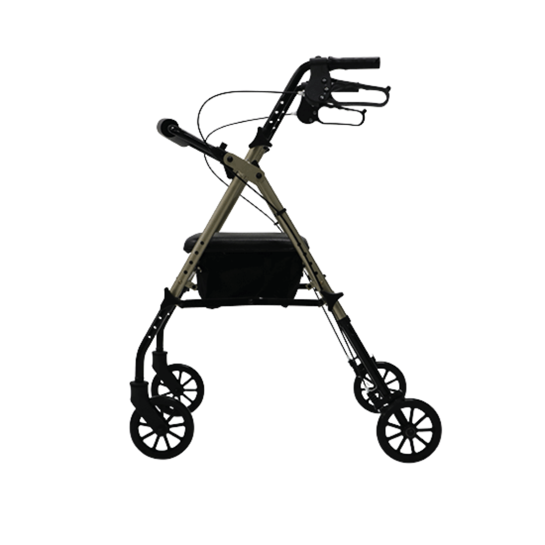Aspire Flex 6 Adjustable Seat Walker – compact rollator with 6-inch wheels, height-adjustable seat, ergonomic brakes, and under-seat storage.