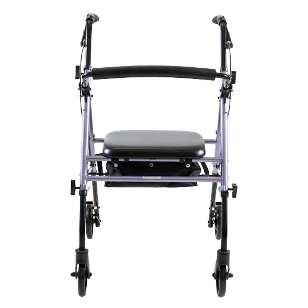 Aspire Flex 6 Adjustable Seat Walker – compact rollator with 6-inch wheels, height-adjustable seat, ergonomic brakes, and under-seat storage.