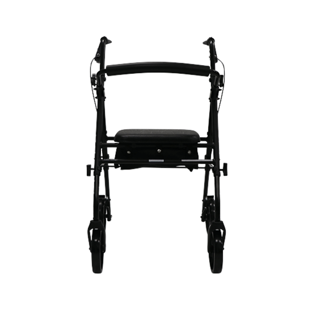 Aspire Flex Adjustable Seat Walker with 8-inch wheels, height-adjustable seat, ergonomic brakes, and under-seat storage for mobility support