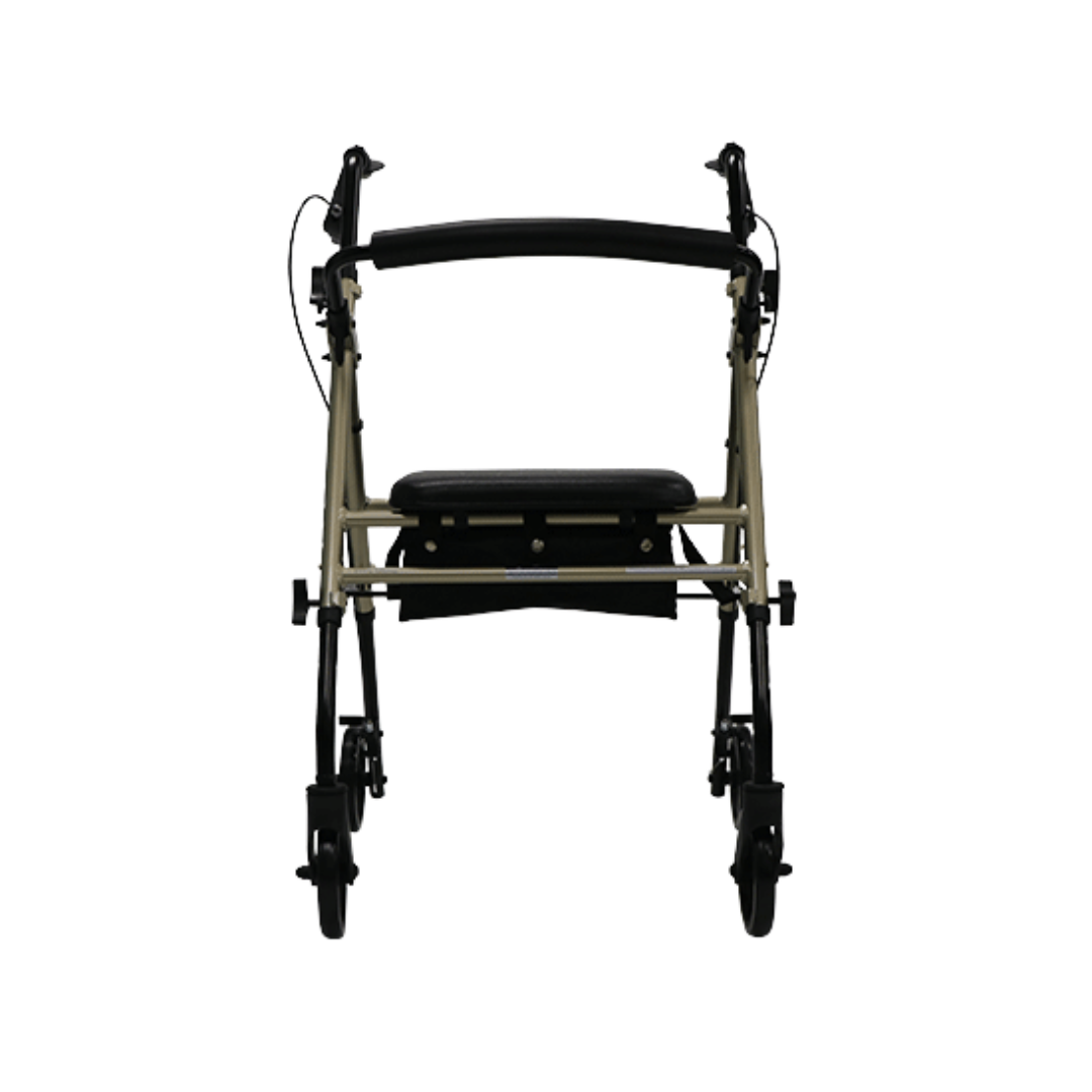 Aspire Flex 6 Adjustable Seat Walker – compact rollator with 6-inch wheels, height-adjustable seat, ergonomic brakes, and under-seat storage.
