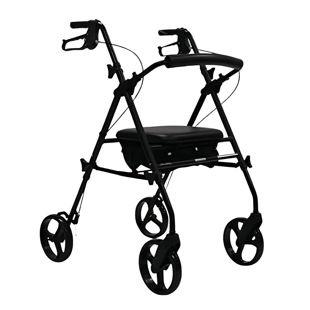 Aspire Flex Adjustable Seat Walker with 8-inch wheels, height-adjustable seat, ergonomic brakes, and under-seat storage for mobility support