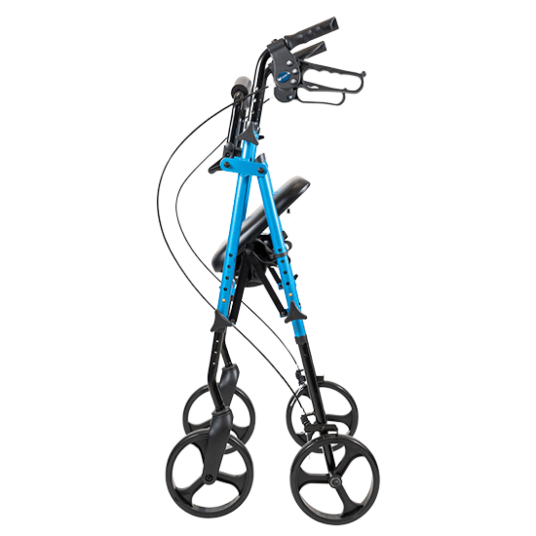 Aspire Flex Adjustable Seat Walker with 8-inch wheels, height-adjustable seat, ergonomic brakes, and under-seat storage for mobility support