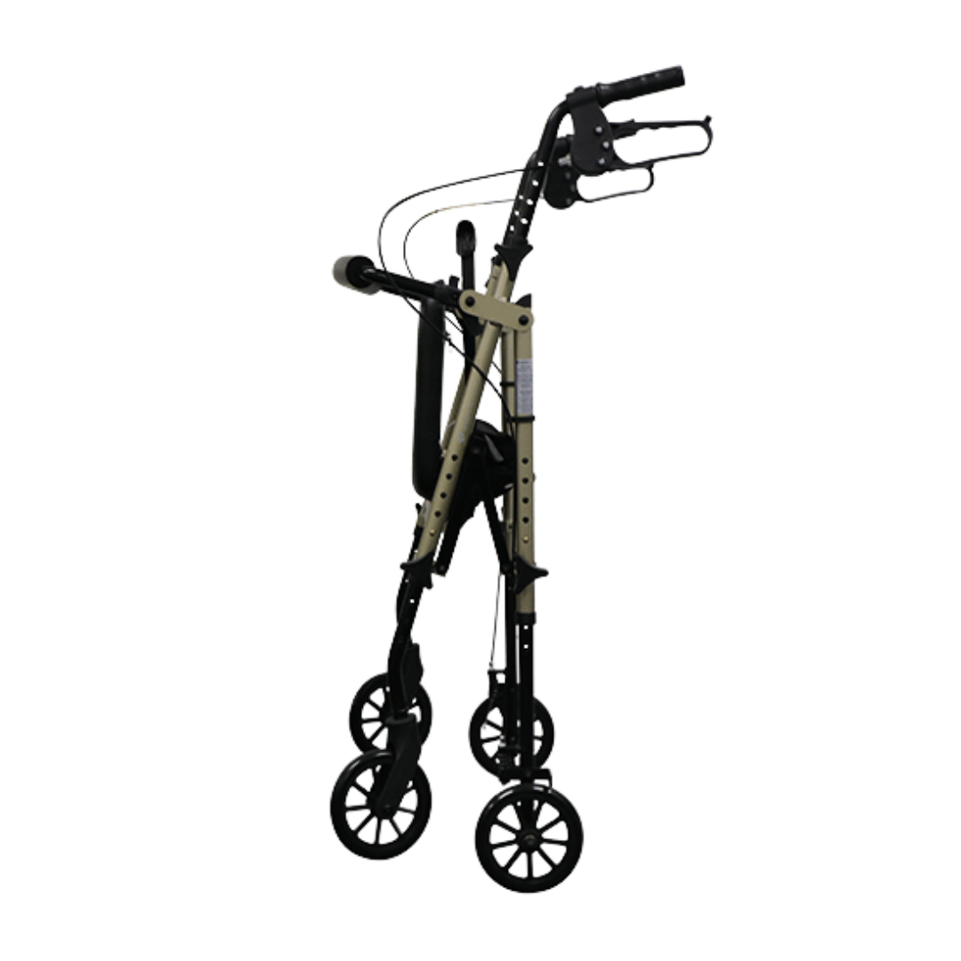 Aspire Flex 6 Adjustable Seat Walker – compact rollator with 6-inch wheels, height-adjustable seat, ergonomic brakes, and under-seat storage.