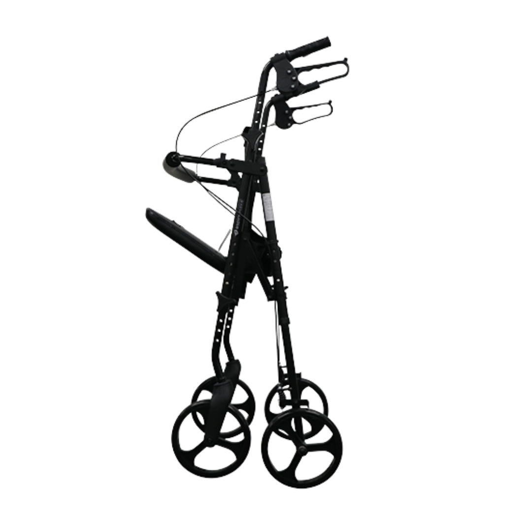 Aspire Flex Adjustable Seat Walker with 8-inch wheels, height-adjustable seat, ergonomic brakes, and under-seat storage for mobility support