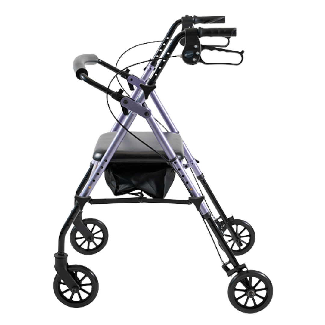 Aspire Flex 6 Adjustable Seat Walker – compact rollator with 6-inch wheels, height-adjustable seat, ergonomic brakes, and under-seat storage.