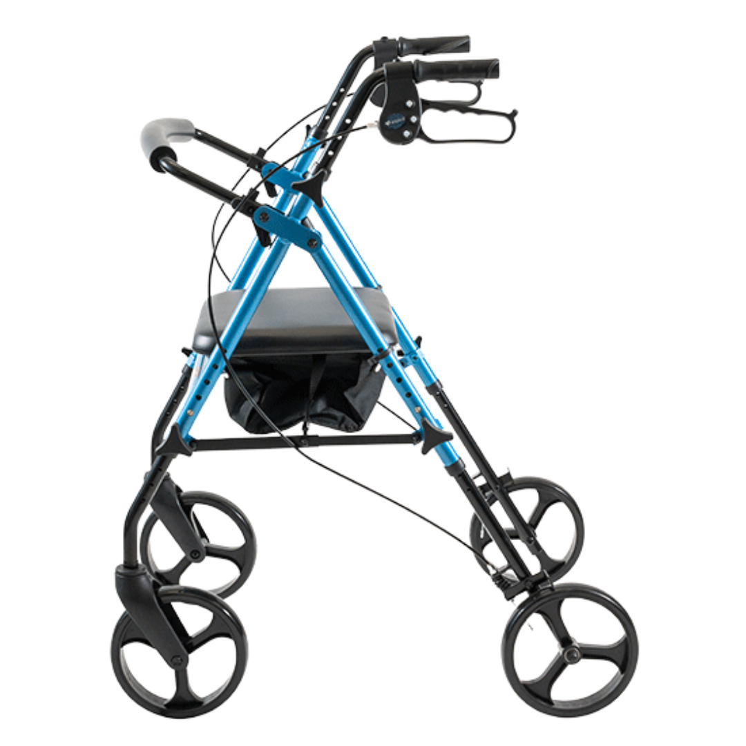 Aspire Flex Adjustable Seat Walker with 8-inch wheels, height-adjustable seat, ergonomic brakes, and under-seat storage for mobility support