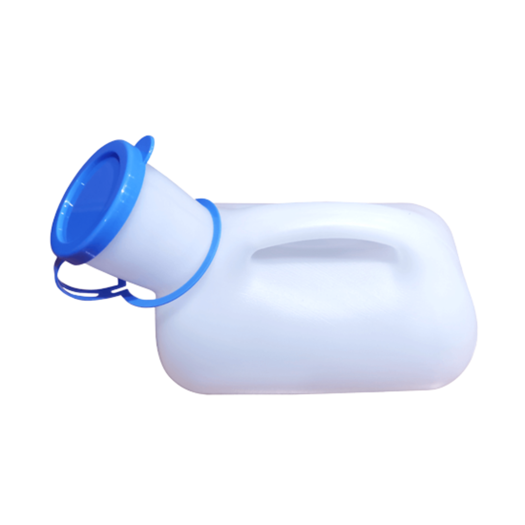 Aspire Male Urinal with secure lid and ergonomic design, featuring measurement markings for easy monitoring in home, hospital, or aged care settings.