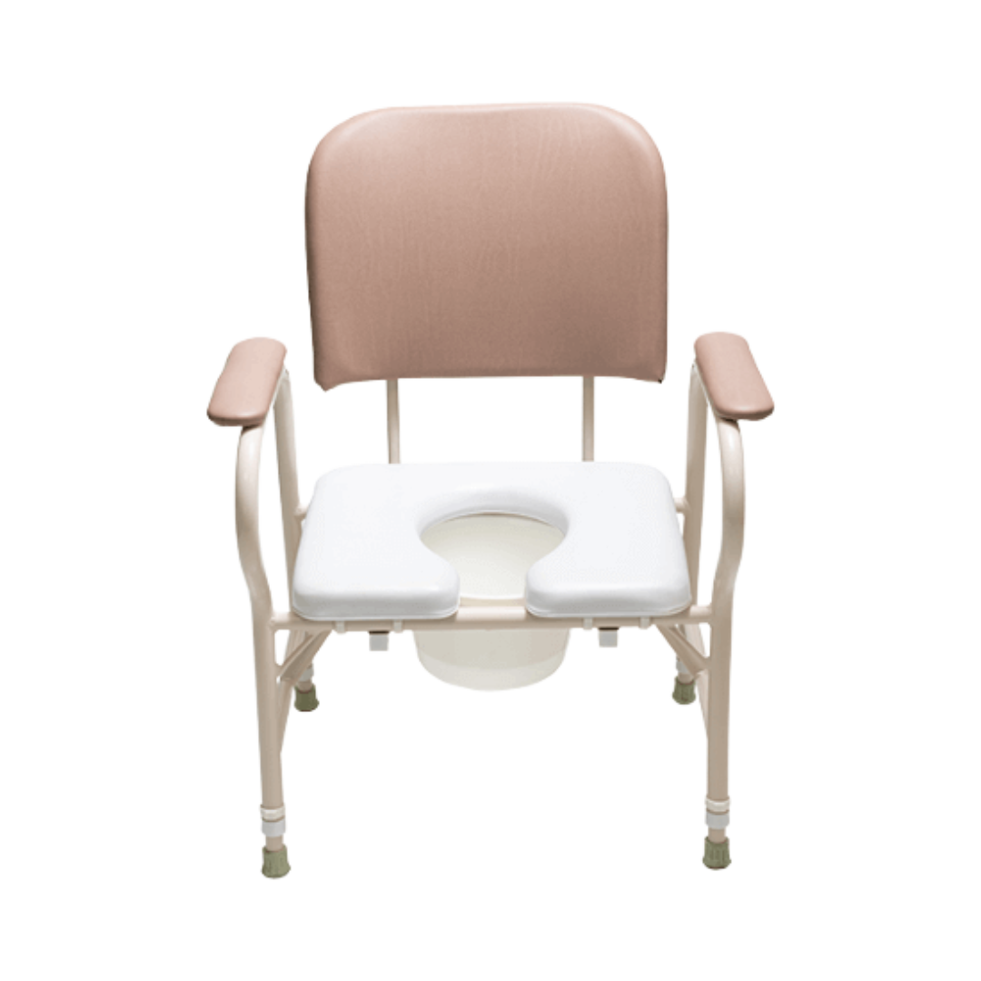 Aspire Maxi Bedside Commode with padded seat, adjustable height legs, and removable bucket for homecare toileting support.