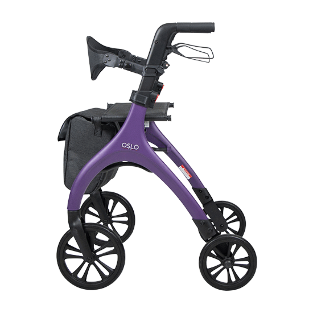 Aspire Oslo Seat Walker – Lightweight black rollator with seat and storage bag.