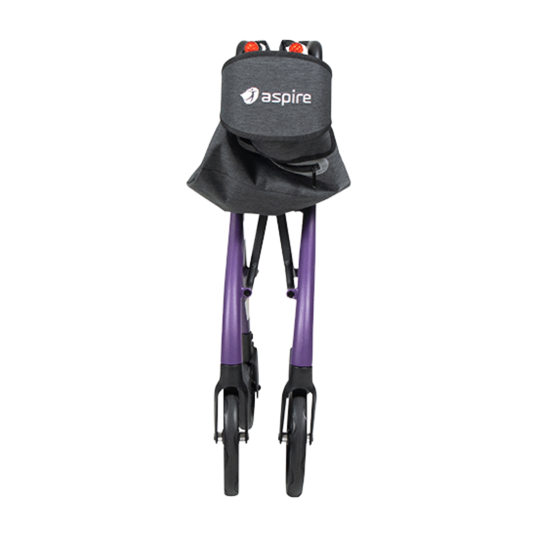 Aspire Oslo Seat Walker – Lightweight black rollator with seat and storage bag.