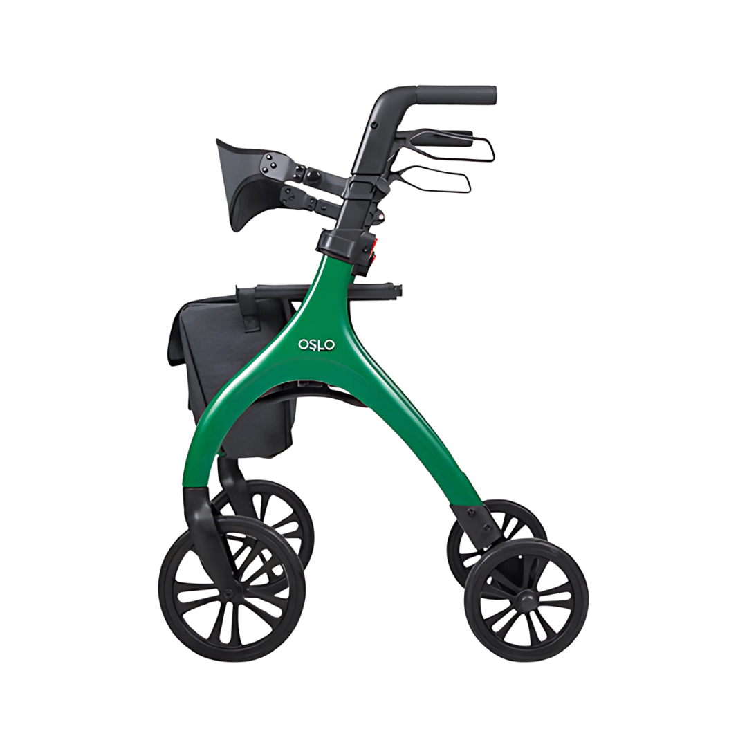 Aspire Oslo Seat Walker – Lightweight black rollator with seat and storage bag.