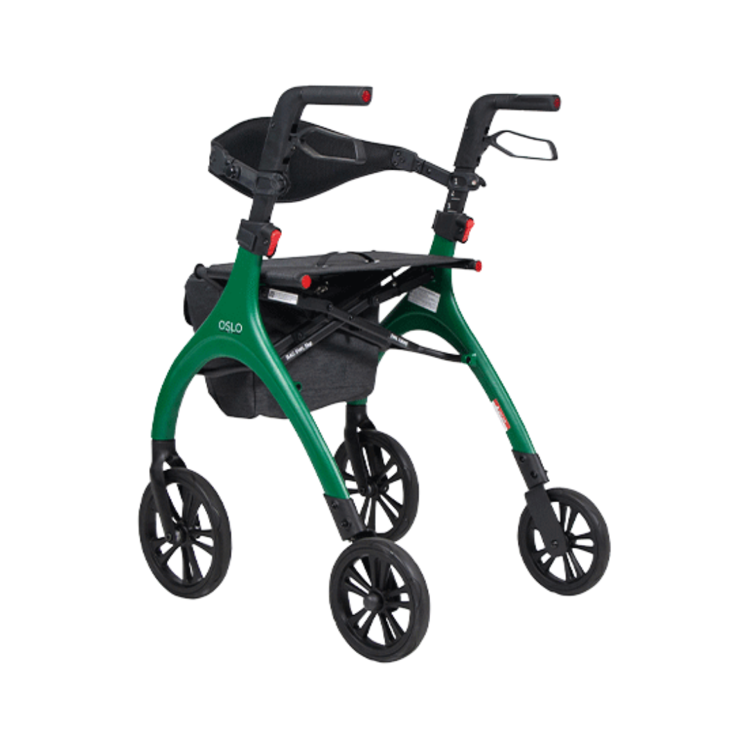 Aspire Oslo Seat Walker – Lightweight black rollator with seat and storage bag.