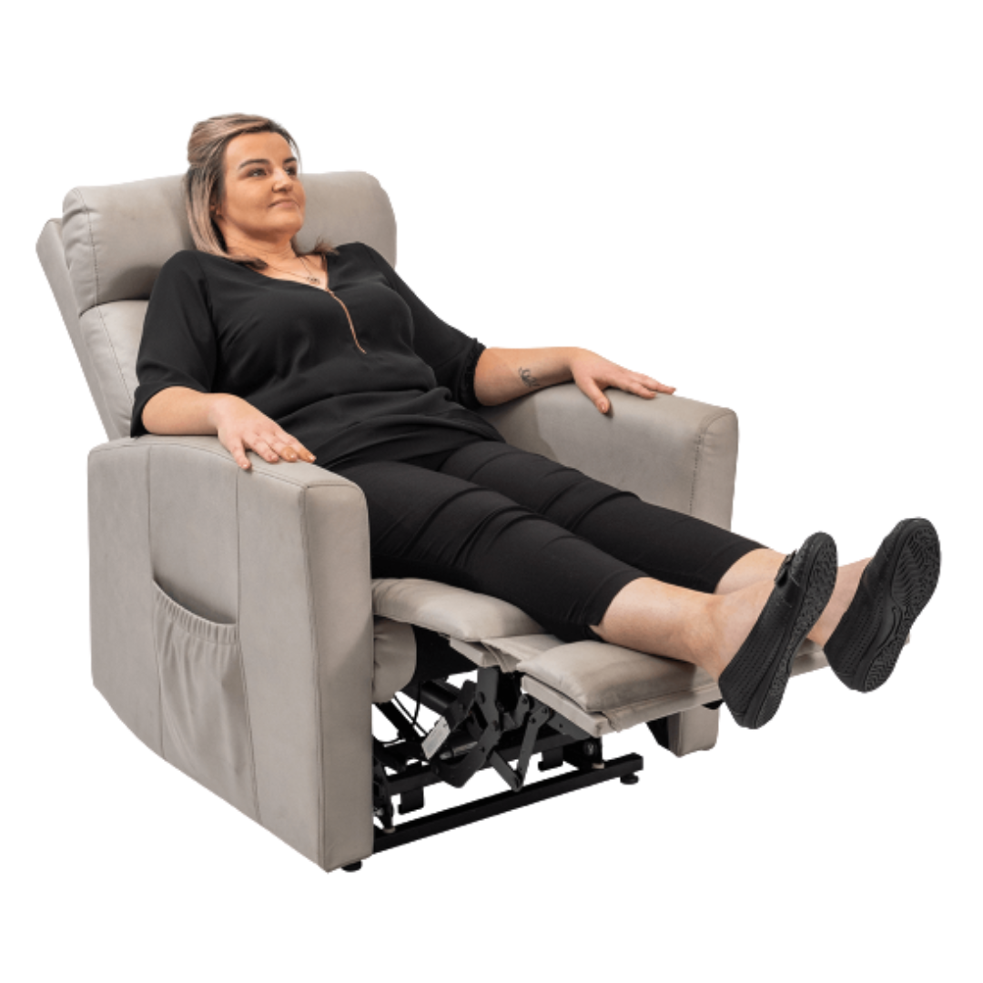 Aspire Renoir Quattro Lift Recliner Chair in dusk colour with four-motor control and luxurious fabric upholstery