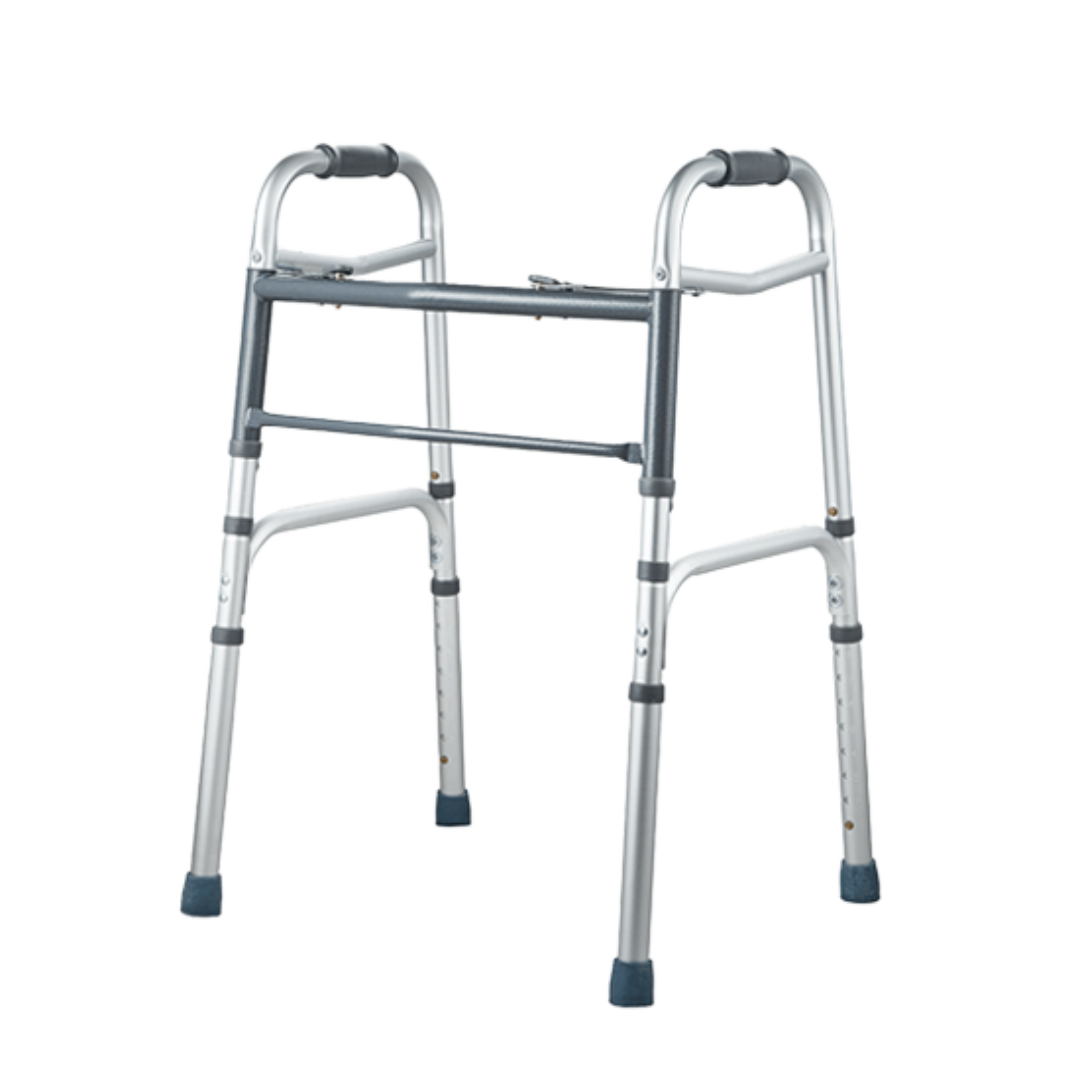 Aspire Side Folding Aluminum Frame in silver finish, shown folded and upright, featuring ergonomic hand grips and non-slip rubber tips for safe, portable mobility.