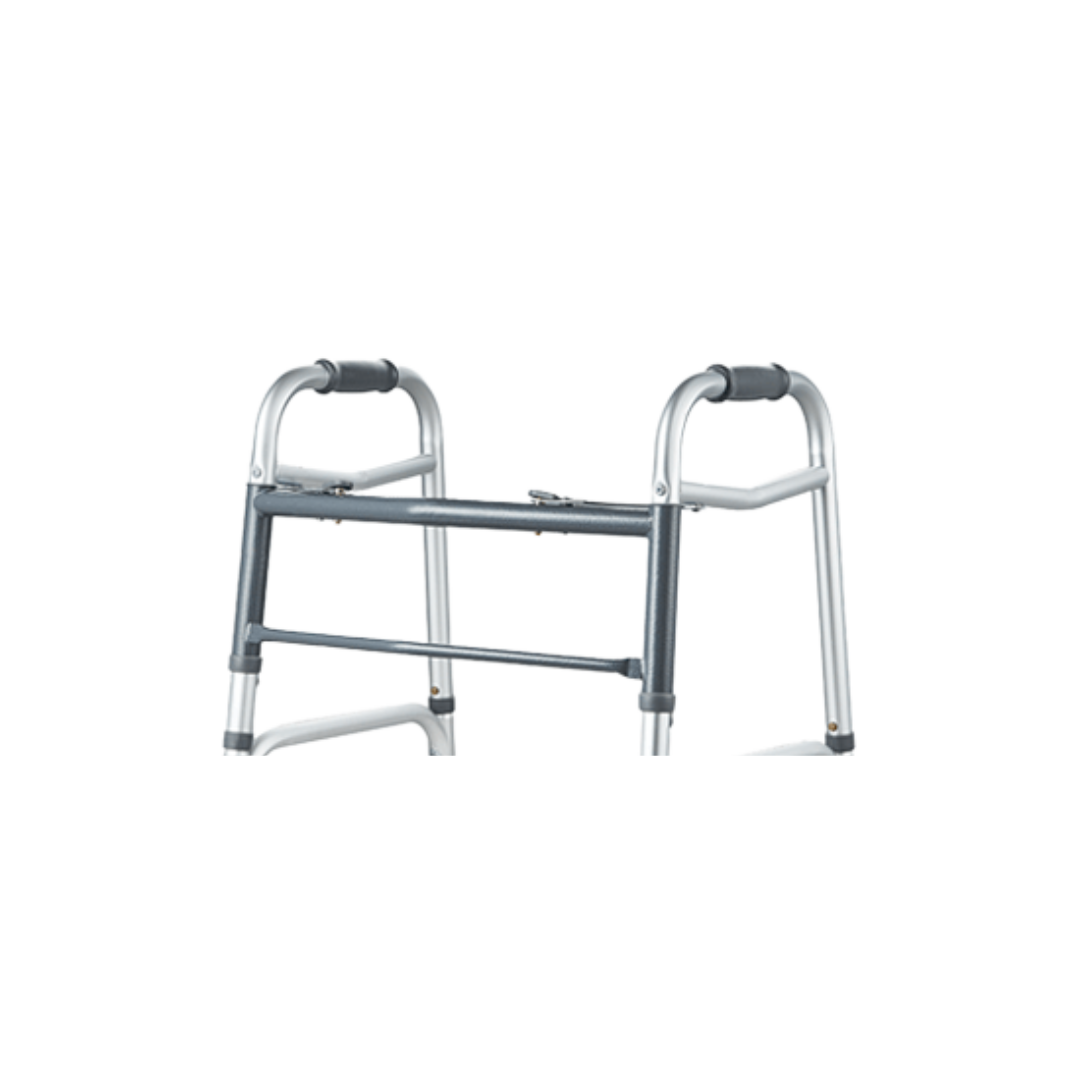 Aspire Side Folding Aluminum Frame in silver finish, shown folded and upright, featuring ergonomic hand grips and non-slip rubber tips for safe, portable mobility.