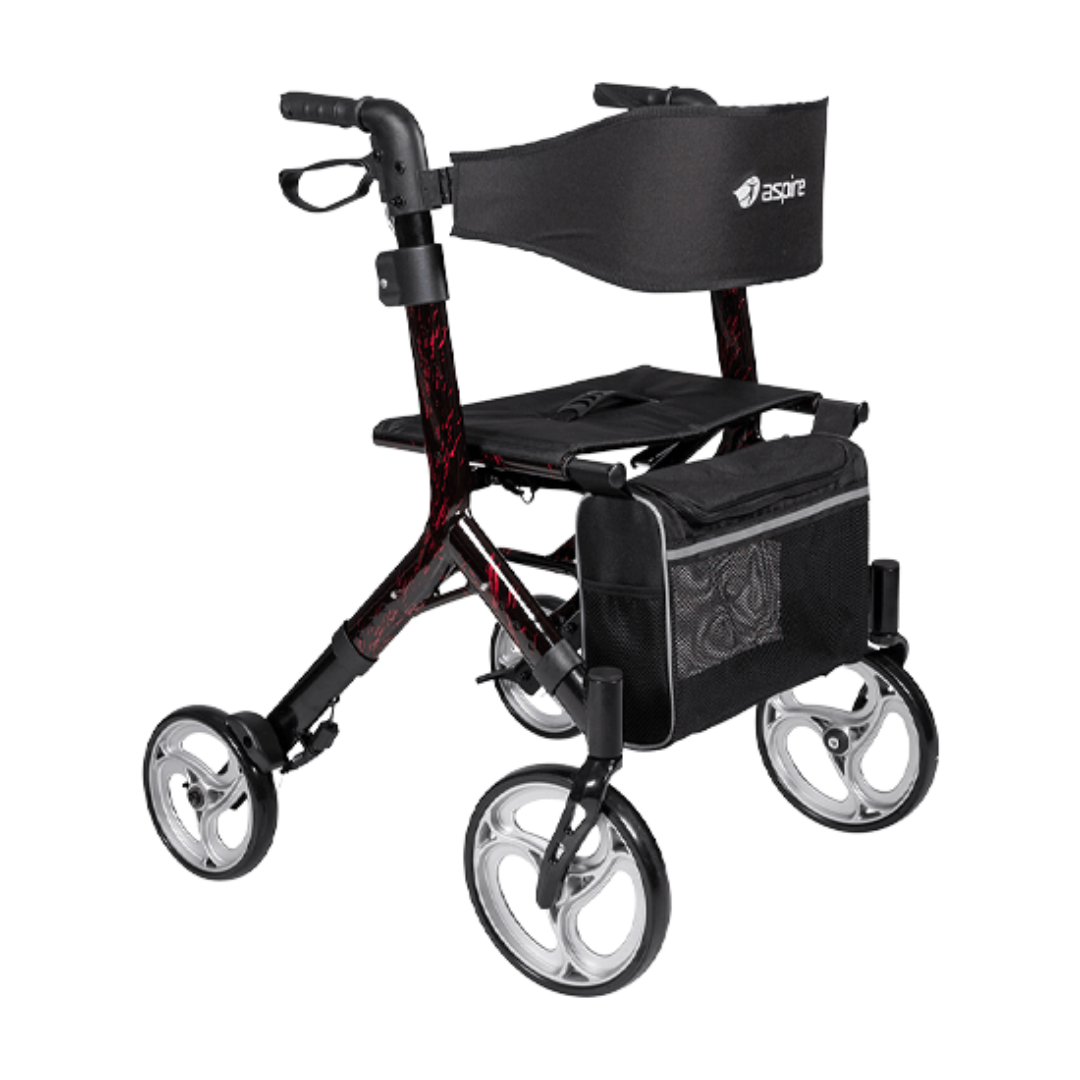 Aspire Stride Adjustable Seat Walker – lightweight, foldable mobility aid with padded seat, adjustable height, and storage bag for everyday use.