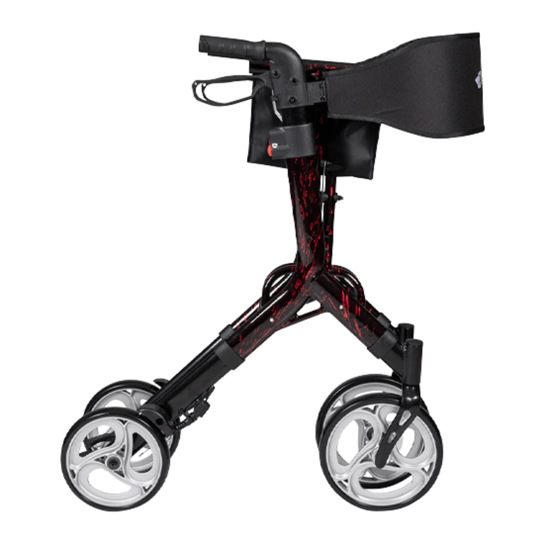 Aspire Stride Adjustable Seat Walker – lightweight, foldable mobility aid with padded seat, adjustable height, and storage bag for everyday use.