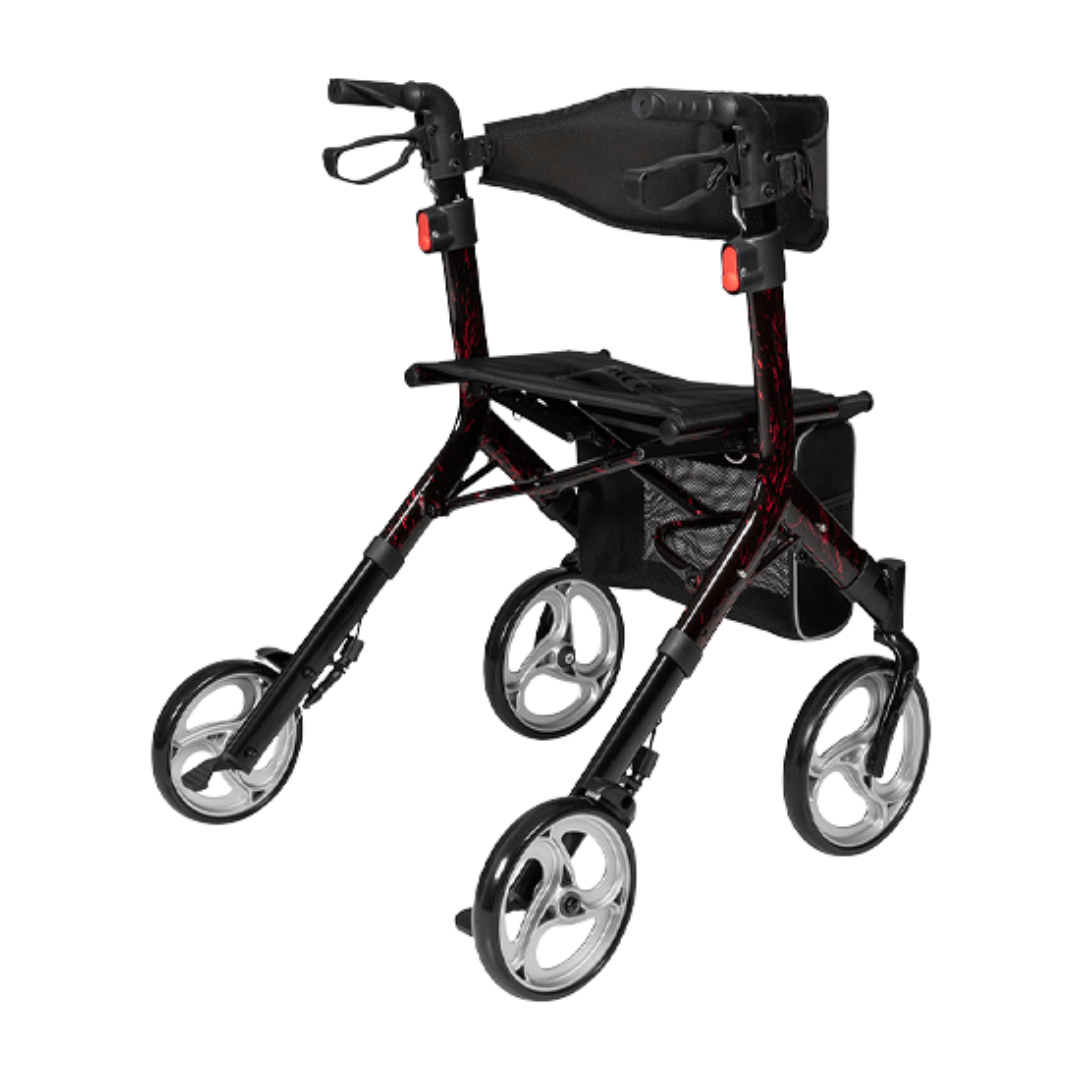 Aspire Stride Adjustable Seat Walker – lightweight, foldable mobility aid with padded seat, adjustable height, and storage bag for everyday use.