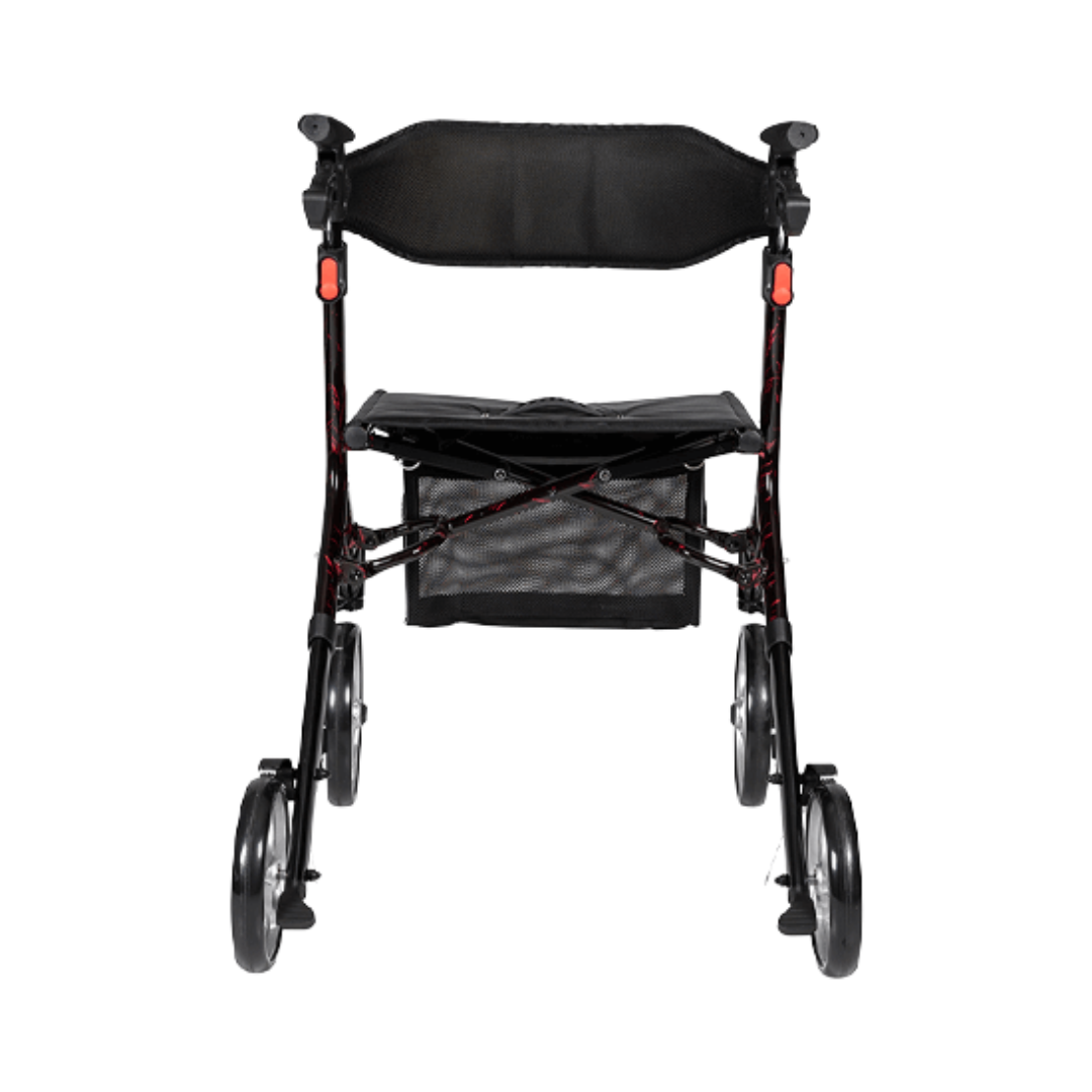 Aspire Stride Adjustable Seat Walker – lightweight, foldable mobility aid with padded seat, adjustable height, and storage bag for everyday use.