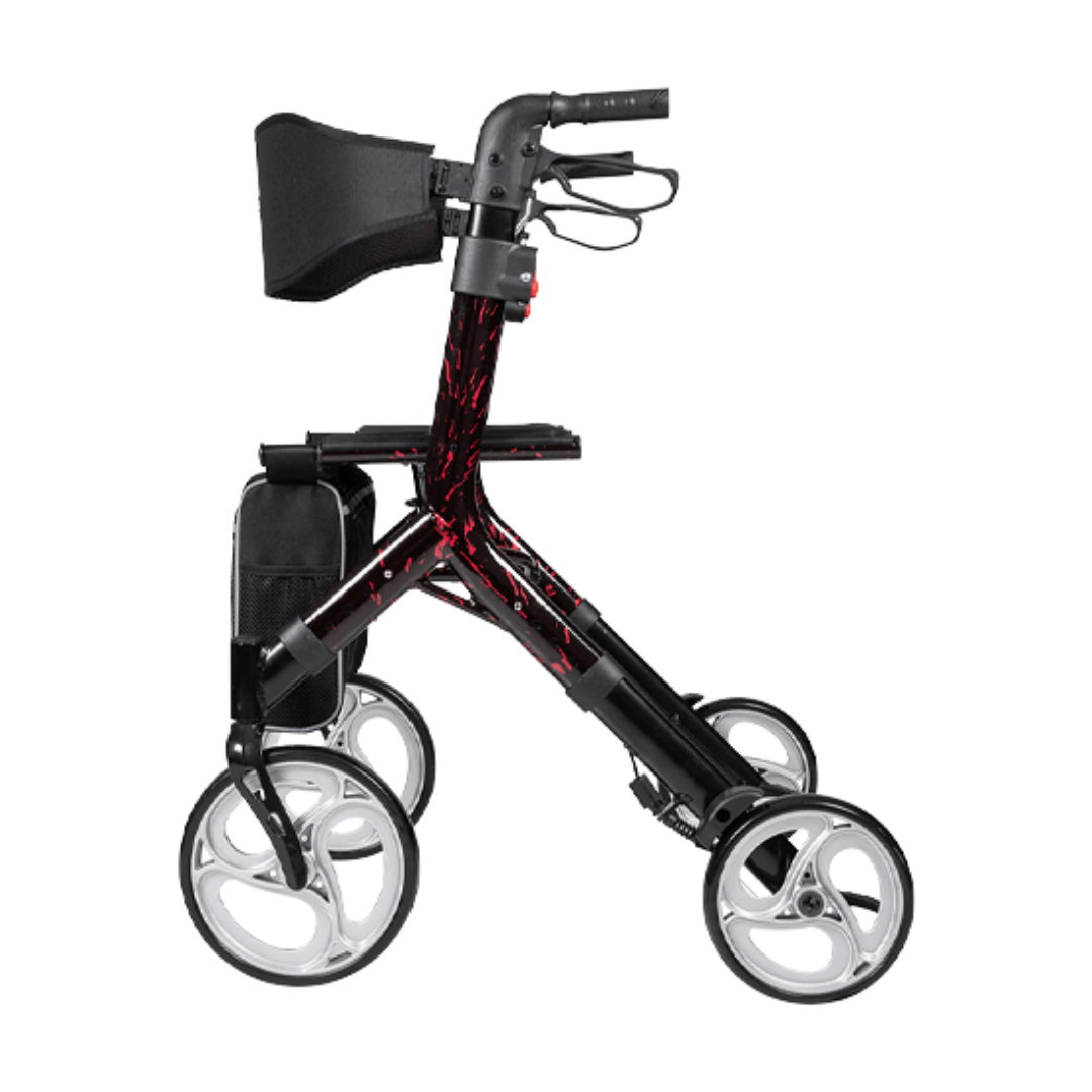 Aspire Stride Adjustable Seat Walker – lightweight, foldable mobility aid with padded seat, adjustable height, and storage bag for everyday use.