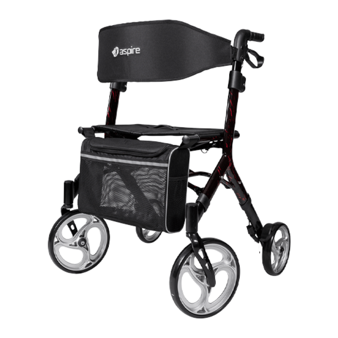 Aspire Stride Adjustable Seat Walker – lightweight, foldable mobility aid with padded seat, adjustable height, and storage bag for everyday use.