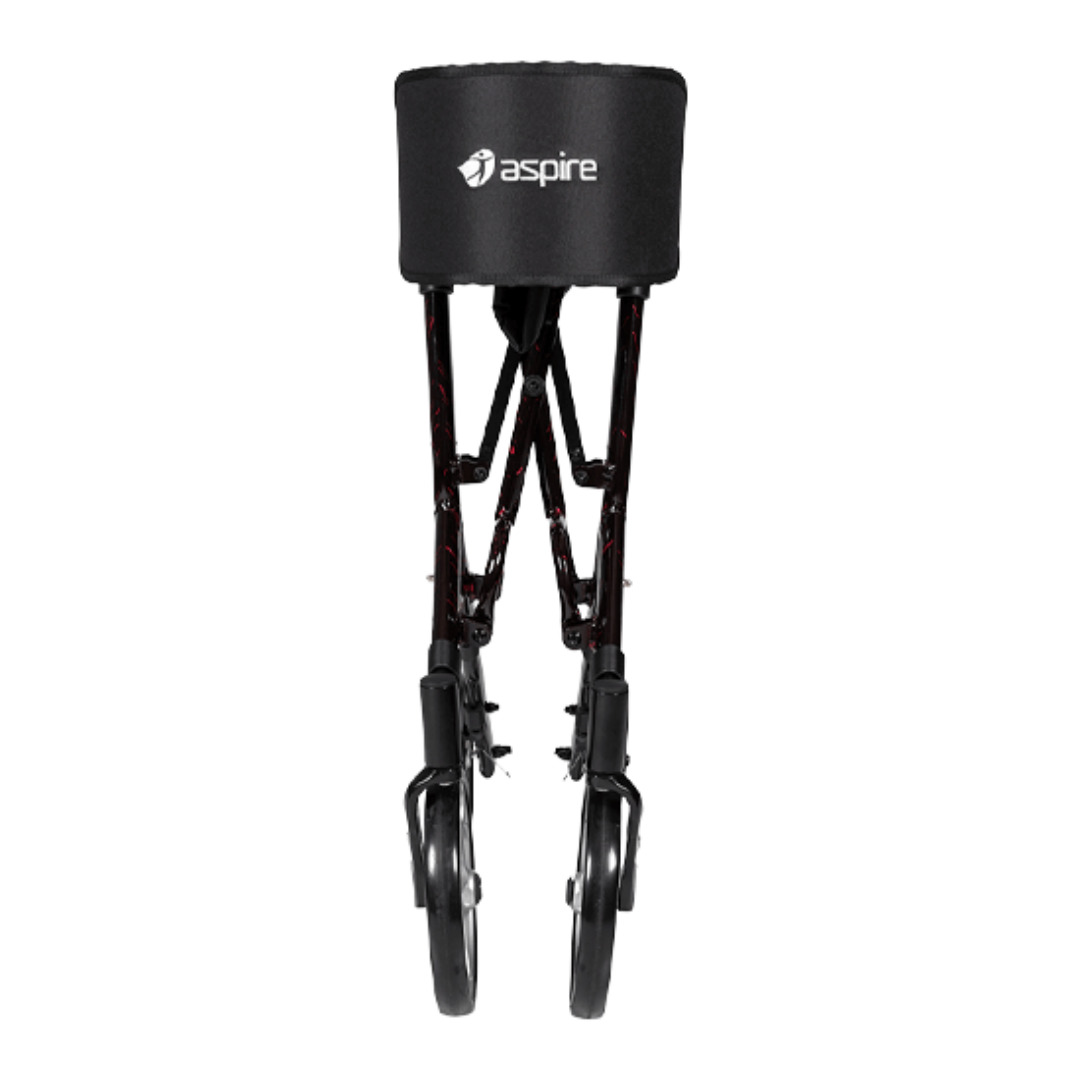 Aspire Stride Adjustable Seat Walker – lightweight, foldable mobility aid with padded seat, adjustable height, and storage bag for everyday use.