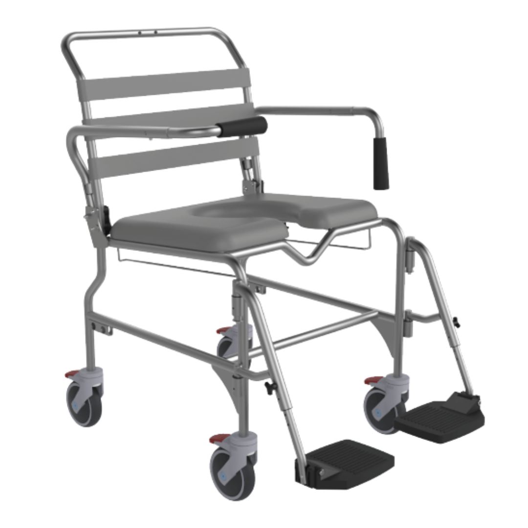 Aspire Swing Away Footrest Shower Commode – mobile hygiene chair with padded seat, stainless-steel frame, and removable footrests.