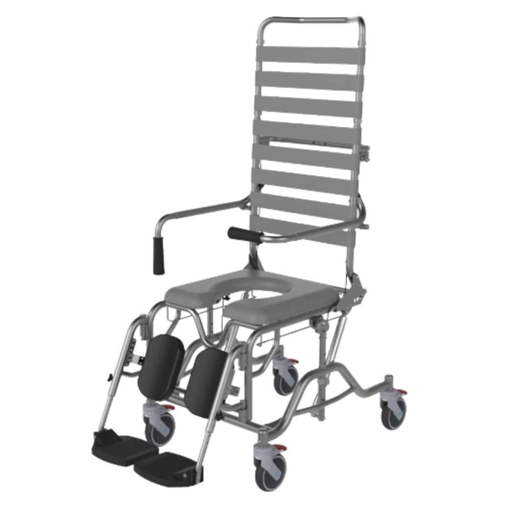Aspire Tilt & Recline Shower Commode with adjustable armrests, padded seat, and stainless steel frame for accessible hygiene care.