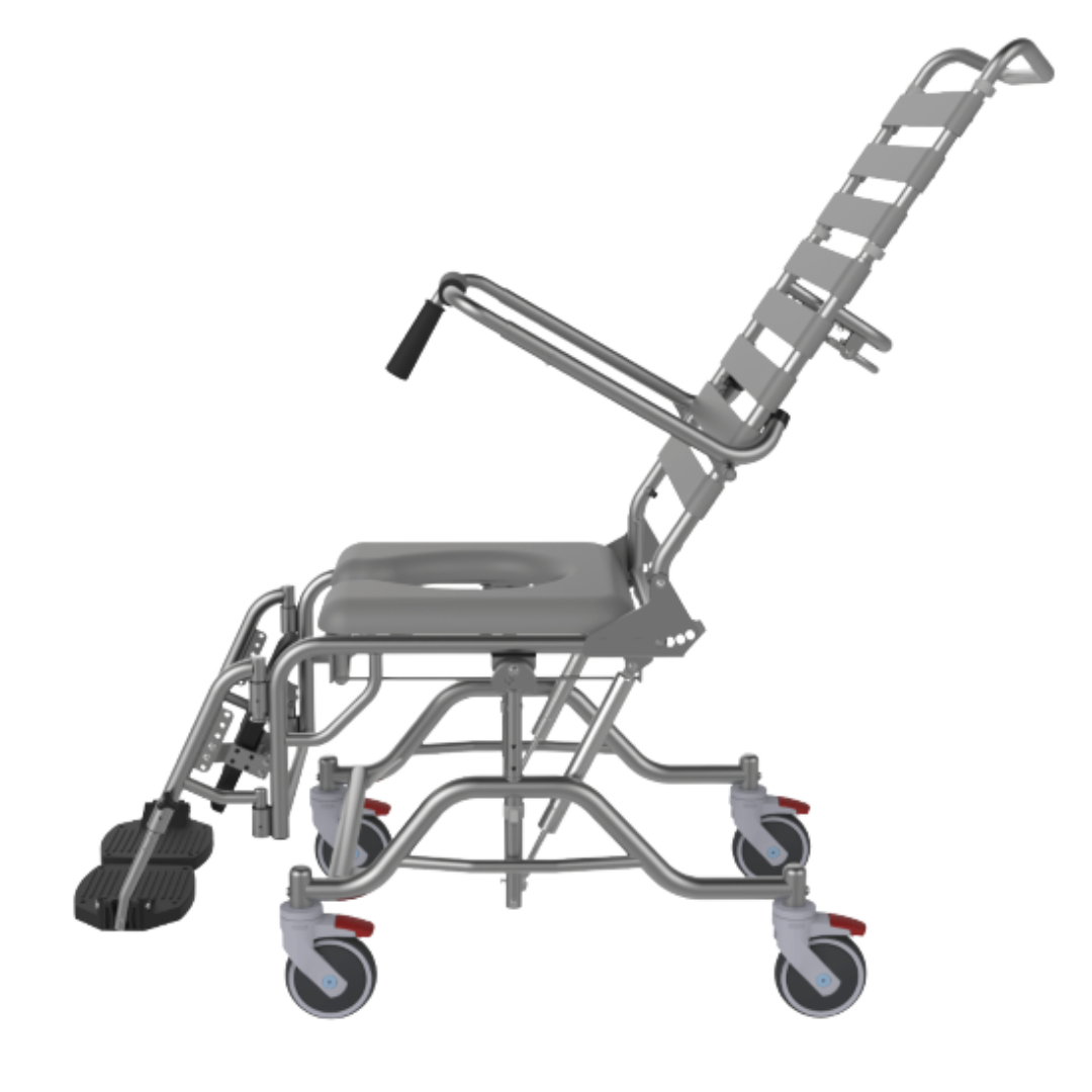 Aspire Tilt & Recline Shower Commode with adjustable armrests, padded seat, and stainless steel frame for accessible hygiene care.