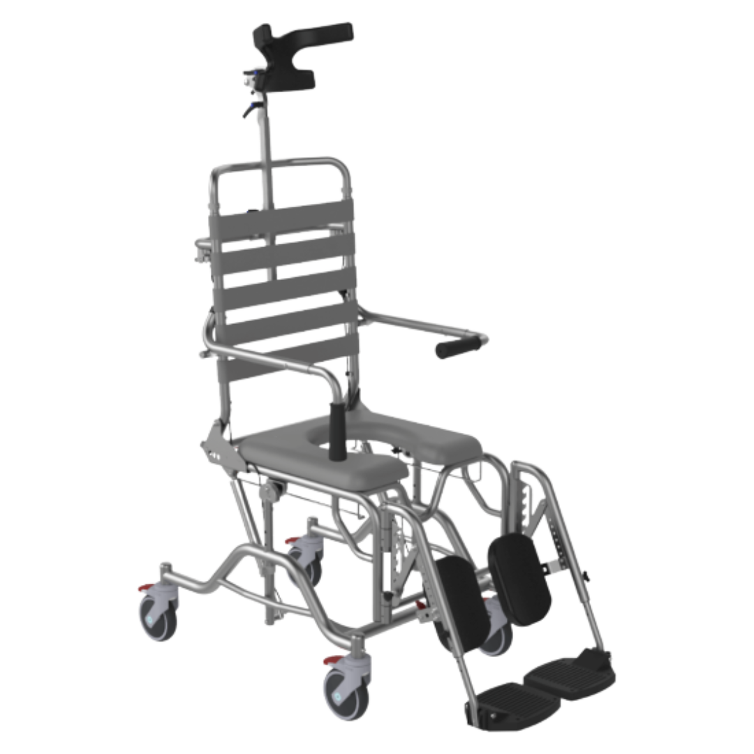 Aspire Tilt & Recline Shower Commode with adjustable armrests, padded seat, and stainless steel frame for accessible hygiene care.