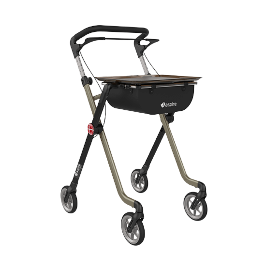 Aspire Vogue Indoor Walker with tray and storage bag – lightweight and stylish rollator for indoor use.