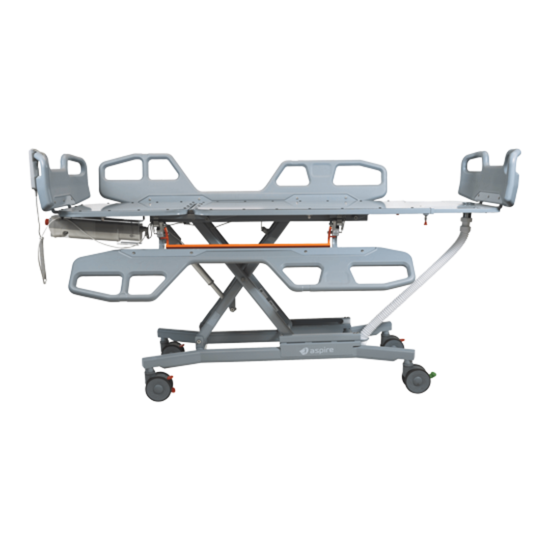 Aspire Electric Shower Trolley with padded surface and adjustable height, designed for supported bathing in hospitals and aged care.