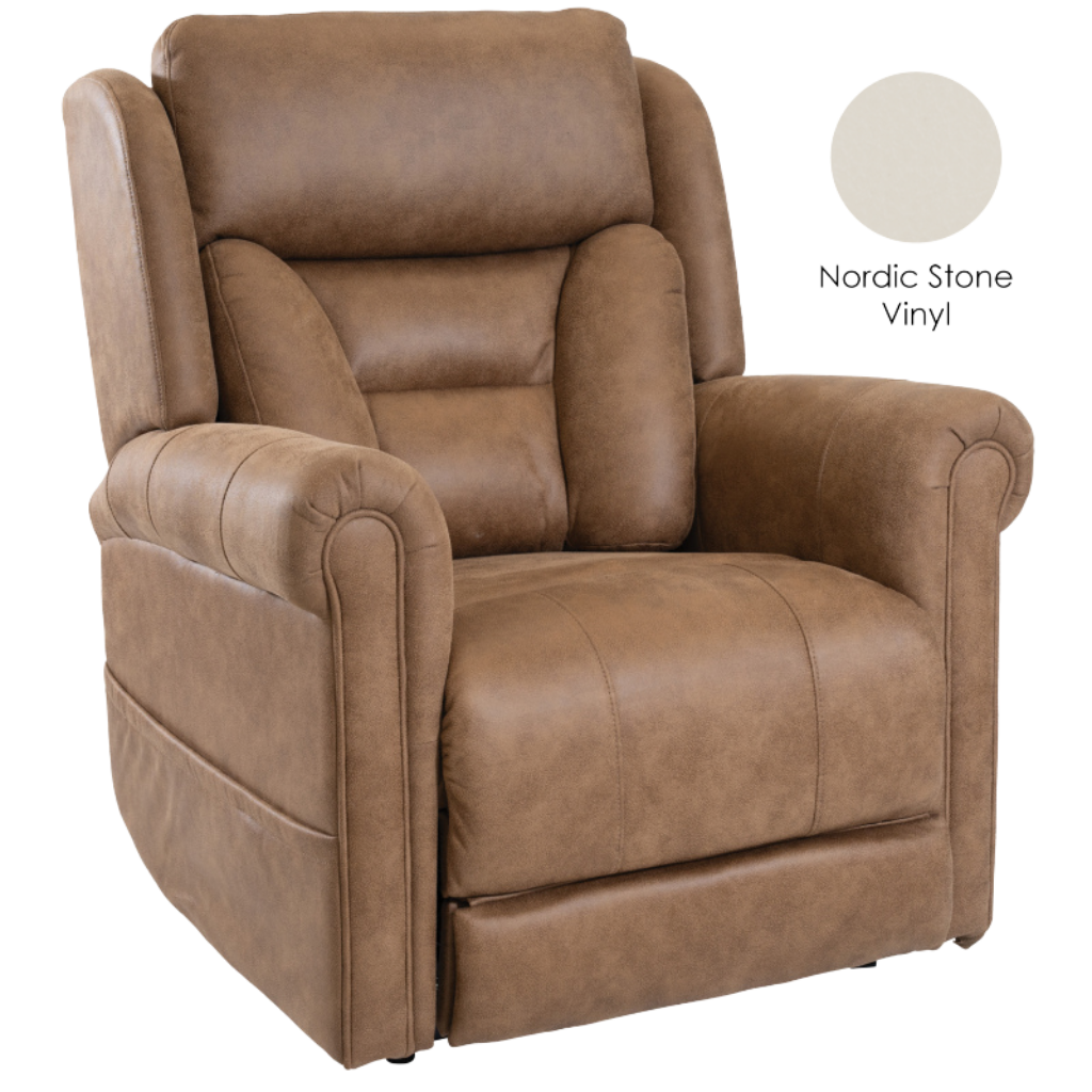 Brown recliner chair with 'Nordic Stone Vinyl' color swatch on a white background