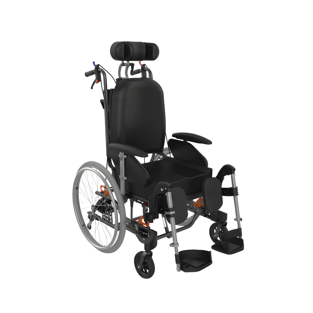 Aspire Rehab RX tilt-in-space wheelchair with adjustable 410–460mm and 460–510mm seat widths, designed for adults needing customised posture and pressure support.