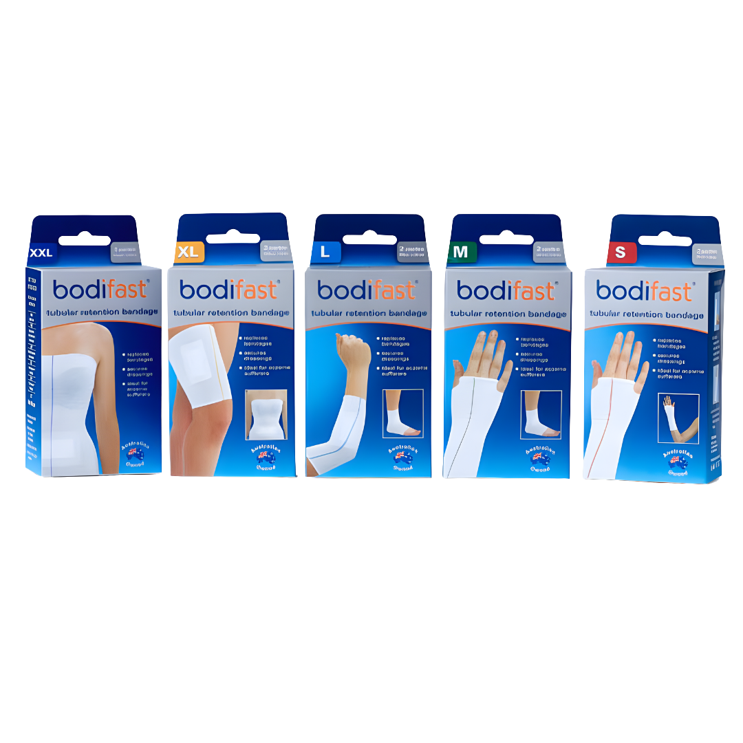 Bodifast Tubular Retention Bandage – soft tubular bandage in multiple colour-coded sizes for secure dressing support.